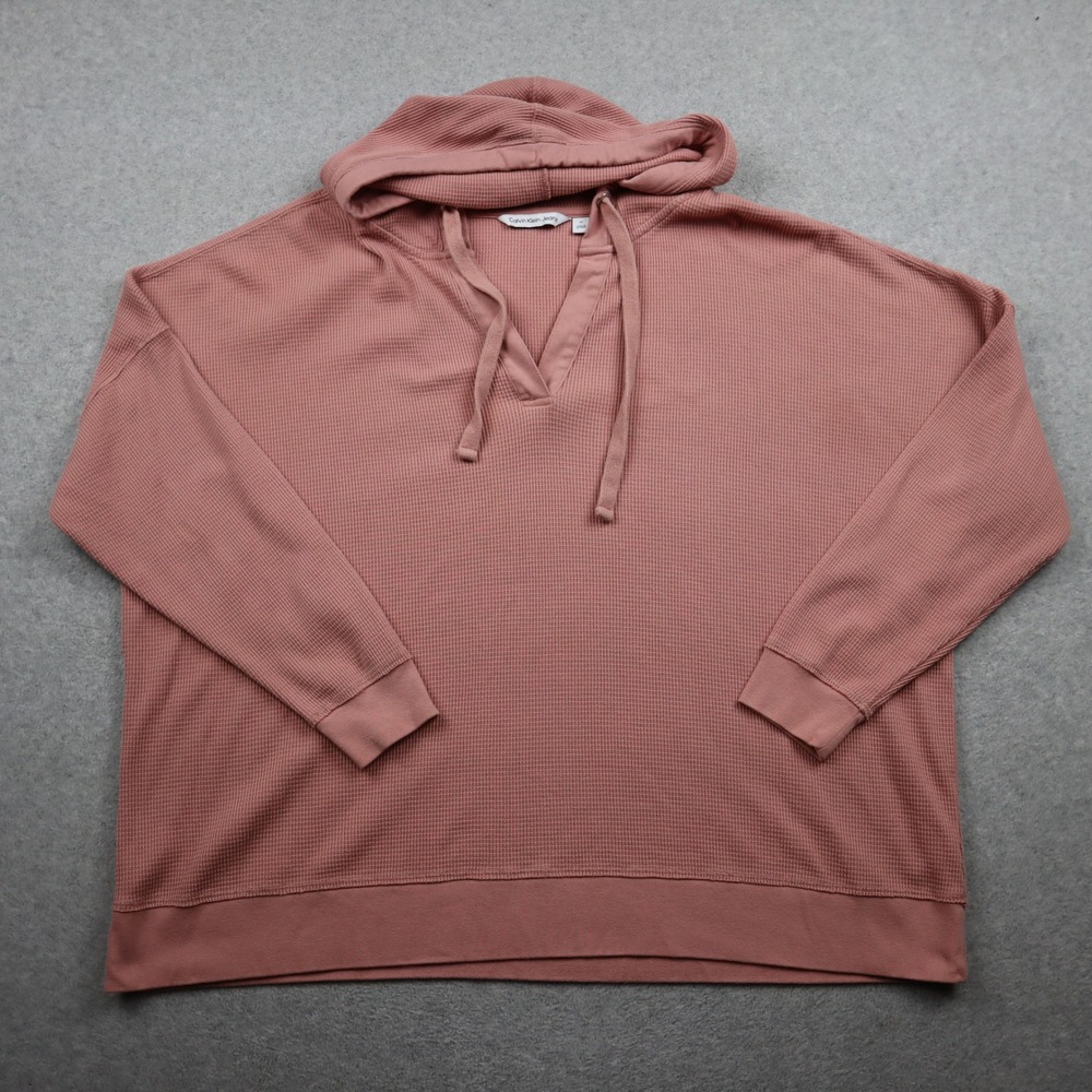 Calvin Klein Jeans Hoodie Womens 2X Waffle Knit Pink V-Neck Long Sleeve Relaxed